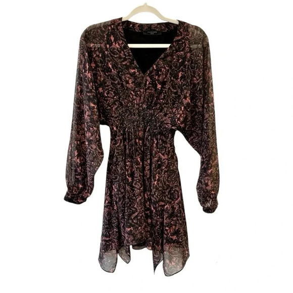 ALLSAINTS Nichola Rosalyn Dress S Black Floral Chiffon Smock Waist Gray $260 - Picture 5 of 12